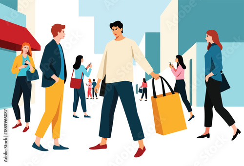 Man Holding Shopping Bag Walking Downtown.