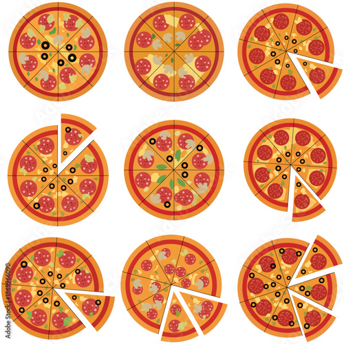 Variety of Sliced Pizzas: A delicious and diverse assortment of freshly baked pizzas, each adorned with a medley of vibrant toppings, showcasing the art of culinary delight. 
