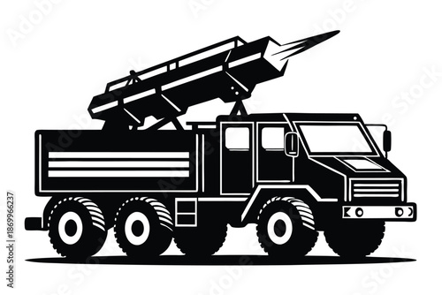 Minimalist Black and White Silhouette of a Missile Launcher Truck, Military Concept Art
