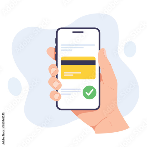 Digital Payment: A hand securely holds a smartphone displaying a successful credit card transaction, symbolizing the ease and convenience of modern digital payments. 