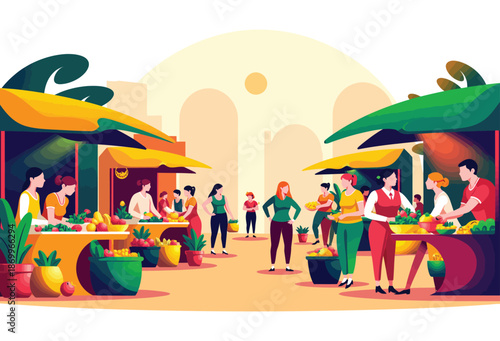 Vibrant Street Market Scene with People Shopping.