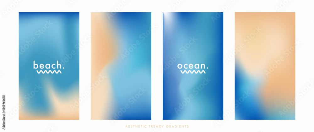 Fototapeta premium Light blue and beige gradient background. Abstract blurry ocean landscape texture. Beach bg. Sea wave pattern. Set of 4 defocused vertical vector gradient background for poster, ig, social story post