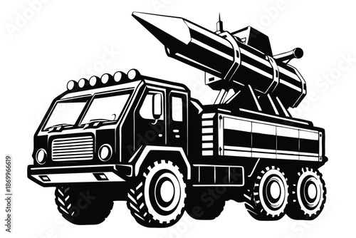 Sharp Black and White Silhouette Vector of a Missile Launcher Truck, Defense Industry