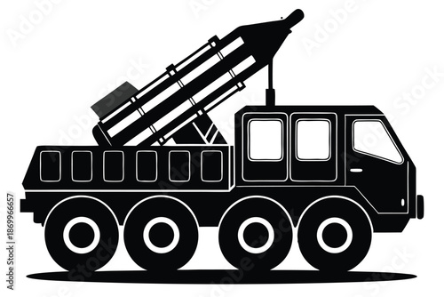Detailed Black and White Silhouette of a Missile Launcher Truck, Armored Warfare Icon