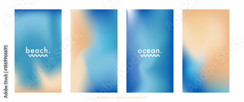 Light blue and beige gradient background. Abstract blurry ocean landscape texture. Beach bg. Sea wave pattern. Set of 4 defocused vertical vector gradient background for poster, ig, social story post