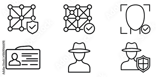 Security Icons Set: A collection of meticulously crafted, minimalistic icons, each symbolizing the multifaceted aspects of digital security, from network protection to identity verification.