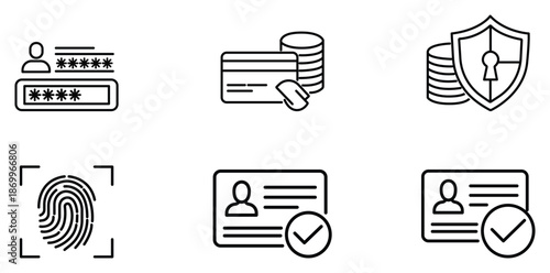 Digital Security Icons: A comprehensive array of modern, minimalist icons representing digital security, identity, and financial protection.