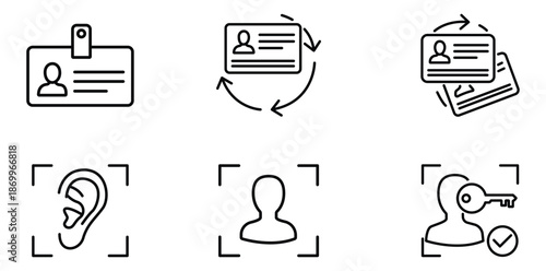 Identity and Security Icon Set: A comprehensive collection of icons symbolizing identification, personal verification, access control, and digital security.