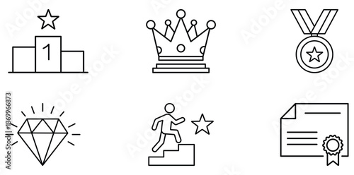 Success Symbols and Achievements: A curated set of line art icons depicting symbols of accomplishment, recognition, and triumph, each conveying the essence of success.