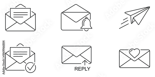 Email Icons Collection: A set of six meticulously crafted line icons representing various email-related concepts, perfect for digital design projects. 