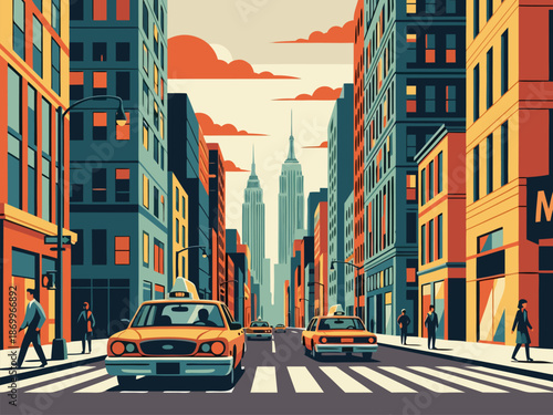 Vibrant Cityscape Vector Illustration Yellow Taxis and Iconic Buildings in a Bustling Metropolis