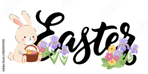 Easter lettering with cute bunny holding egg basket and spring flowers. Adorable baby rabbit character with hand-drawn calligraphy and garden irises. Festive holiday typography composition.