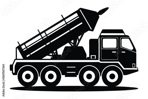 Military missile launcher truck silhouette, black and white vector art