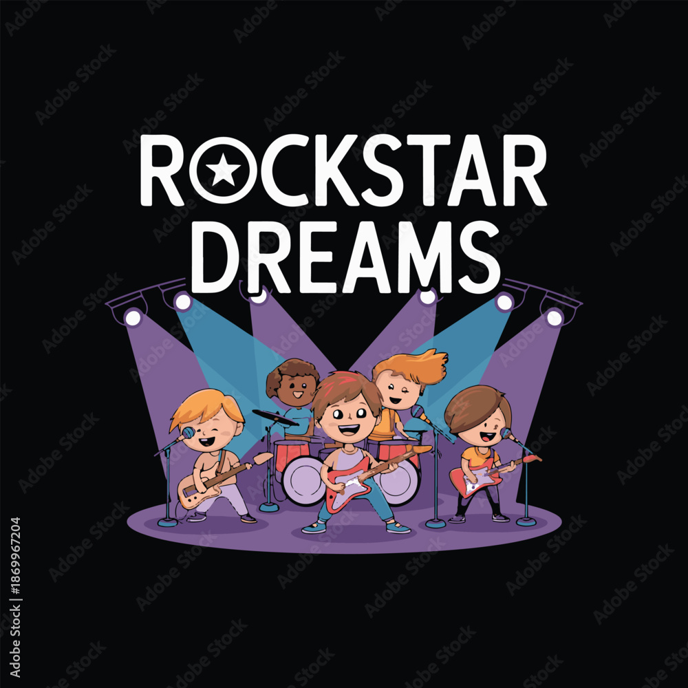 Fototapeta premium Children Rock Band Performing on Stage with Lights, Rockstar Dreams Text, Vector Illustration