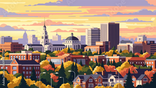 Vibrant Autumn Cityscape Vector Illustration with Colorful Buildings and Trees, Serene Skyline and Downtown Architecture Art
