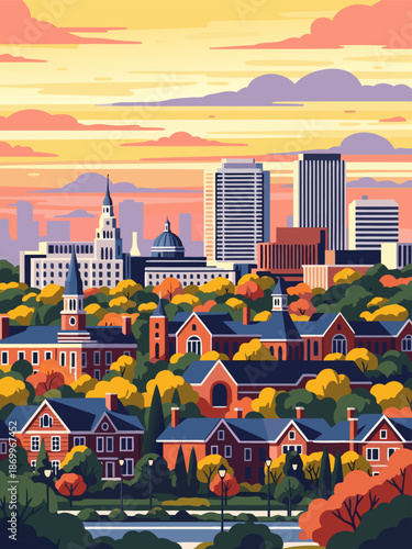 Vector illustration of a vibrant autumn cityscape with a mix of traditional architecture and modern skyscrapers under a warm sunset sky, symbolizing urban growth and seasonal beauty