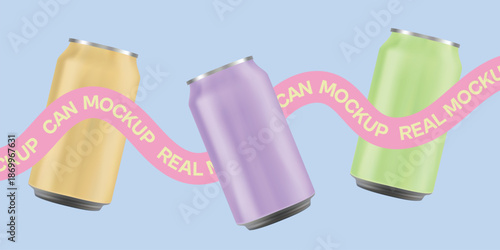 Colorful soda can mockup set with floating pastel cans and ribbon text on blue background, realistic beverage packaging design, vector