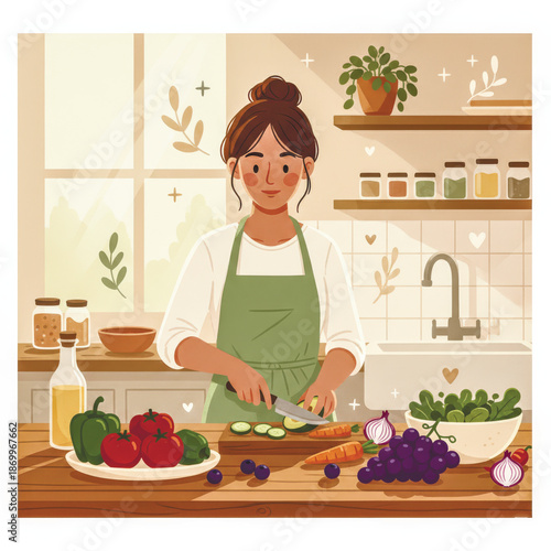 An illustration happy woman in an apron chopping fresh vegetables and fruits in her kitchen to prepare a healthy salad. A concept for healthy eating, wellness, and home cooking. Vector illustration
