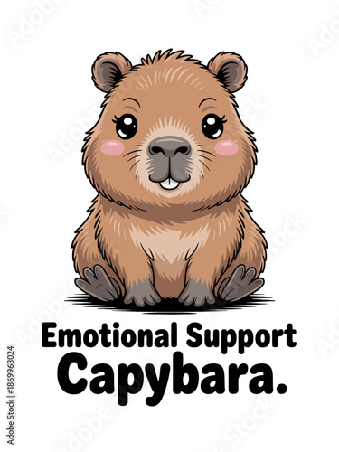 A cartoon capybara with rosy cheeks sits calmly the text reads 'Emotional Support Capybara'.