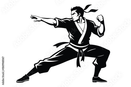 Dynamic Martial Artist Black and White Silhouette Vector Illustration of a Fighter in Action
