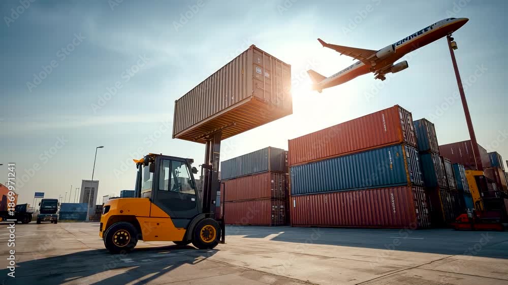 Global cargo logistics operation with forklift loading shipping ...