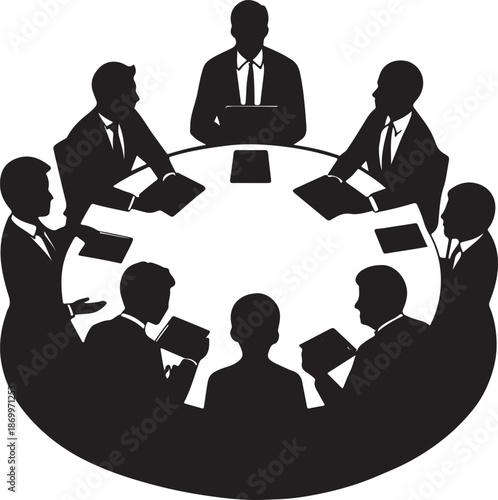 Businessmen in formal attire engaged in a meeting around a round table