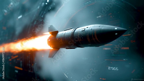 High speed rocket missile launching through stormy air with fiery exhaust showcasing advanced aerospace propulsion engineering and precision strike technology