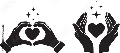 Hands Holding Heart Love Care Silhouette Icon Set