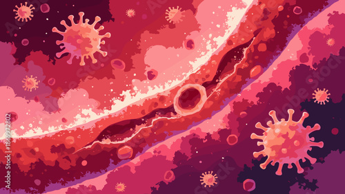 A stylized vector view of blood cells flowing in a vein. Red blood cells and white spiky viruses. Medical background