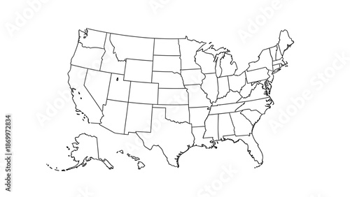 Black and white outline map of the United States, accurately displaying all individual states including Alaska and Hawaii with clear internal borders