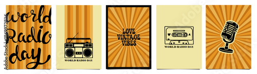 World Radio Day Vintage Poster Set with Retro Microphone, Cassette, Boombox, and Old School Style