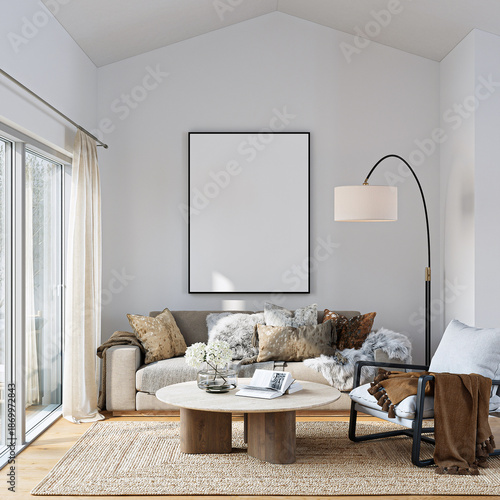 Modern Living Room Poster Frame Mockup with Natural Light and Minimalist Decoration. 3D render.