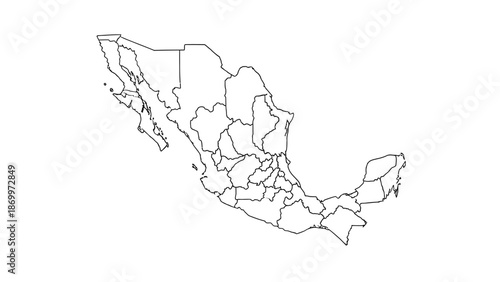 Vector outline map of Mexico, distinctly showing its national border and all internal state divisions. Ideal for geographical studies, educational resources, and graphic design applications