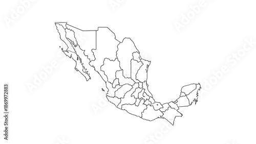 Vector Outline Map of Mexico Highlighting Each State and Regional Division, Perfect for Geographic Studies, Presentations, and Data Visualization