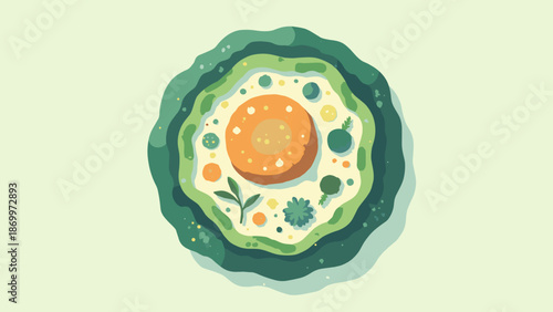 A cross-section of a plant cell. Labeled parts (nucleus, wall). Educational diagram style. Green tones