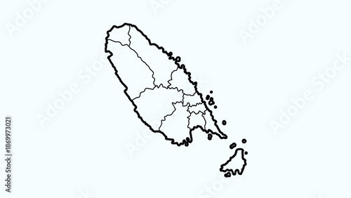 Detailed black outline vector illustration of a geographically segmented island, highlighting distinct regional administrative divisions and territorial boundaries for various mapping concepts