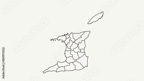 Outline map showcasing the administrative divisions of Trinidad and Tobago, a Caribbean island nation, designed for geographical education and regional analysis
