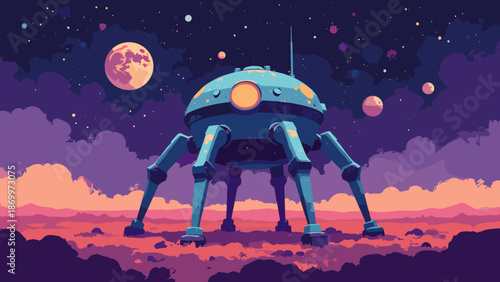 A virus structure (bacteriophage) looking like a lunar lander. Geometric vector art. Science fiction vibe