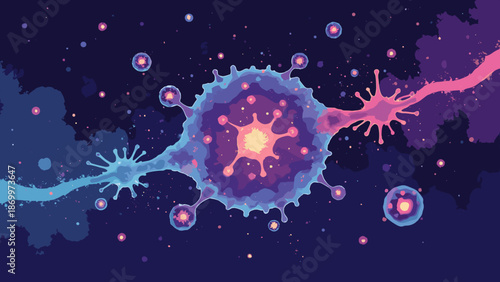 A synapse connection gap with chemical particles floating. Neuro-science concept. Flat design
