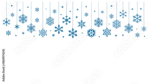 Horizontal Top Border of Blue Hanging Snowflakes and Winter Ice Crystals