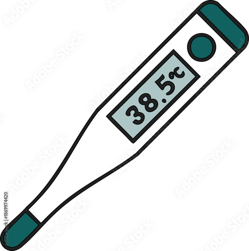 Digital thermometer displaying 385 degrees Celsius a medical instrument for measuring body temperature isolated on a white background