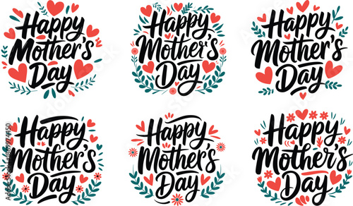 Happy Mother's Day Hand Drawn Typography Set. Vector Calligraphy Lettering Collection with Hearts and Floral Decoration