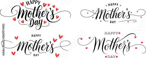 Happy Mothers Day Hand Drawn Calligraphy Text with Hearts Vector Set