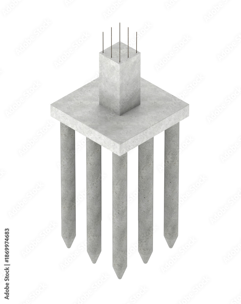 Fototapeta premium Pile foundation with pile cap and reinforced concrete column, 3D render isolate
