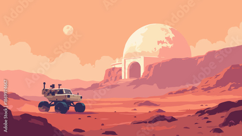 Flat vector illustration of a Mars colony habitat dome. Red rocky landscape. A rover driving in the foreground. Orange and dusty pink color palette