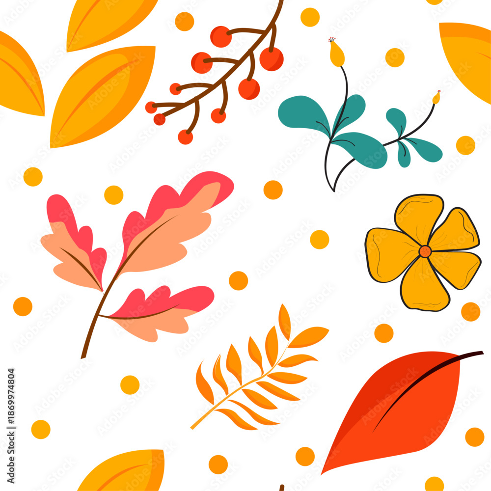 Obraz premium Seamless Autumn Botanical Vector Pattern with Hand Drawn Leaves and Floral Elements for Fabric, Textile, Wallpaper, Stationery, and Packaging