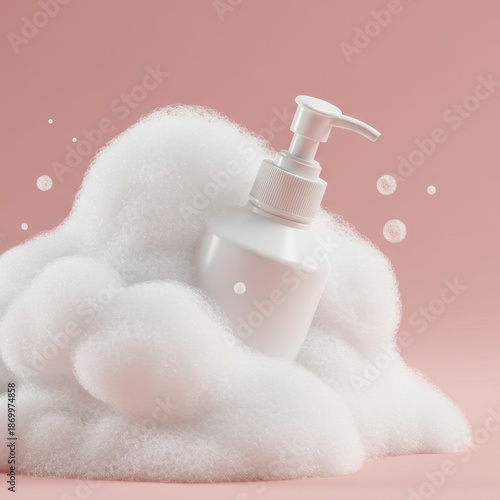 White skincare pump bottle resting in gentle foam on light pink background