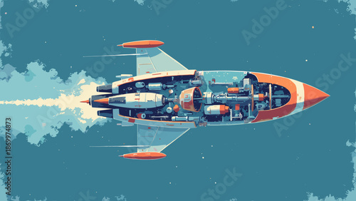 A cross-section diagram of a retro rocket ship. showing engine parts and cockpit. Blueprint style vector. White lines on blue background