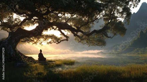 A Buddha statue sits quietly under a large tree beside a calm lake. Morning light shines on the scene revealing mountains in the background. Grass surrounds the area creating a natural view.