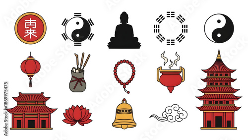 Buddhist symbols and temples representing spirituality and harmony isolated on white background